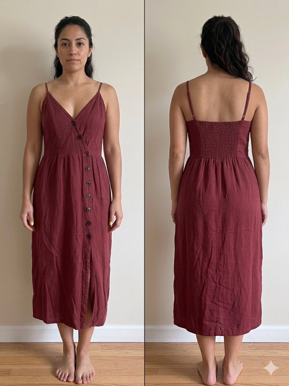 Women’s Burgundy Button-Front Midi Dress with Spaghetti Straps
